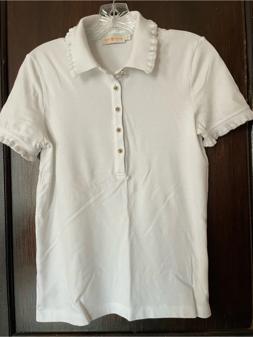 Tory Burch White Ruffle-Trim Polo with Pearl gold logo Buttons small
